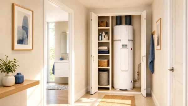 Extérieur résidentiel moderne avec unité de climatisation centrale installée sur dalle béton près d'une maison contemporaine