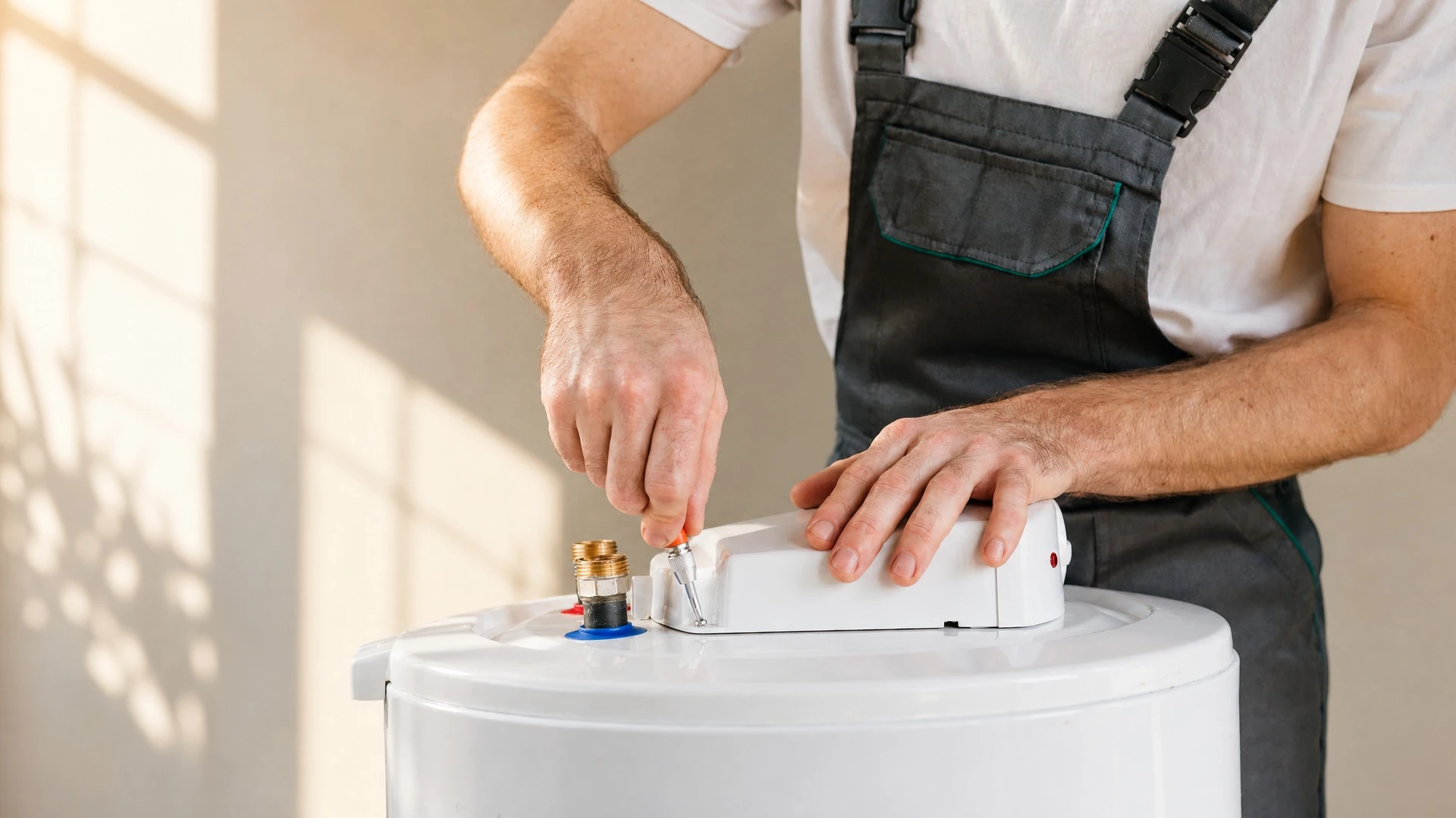 Portrait d'un artisan plombier-chauffagiste d'âge mûr en tenue professionnelle discutant avec un client ou une famille dans un intérieur résidentiel, autour d'une installation de chauffage ou radiateur, illustrant l'interaction humaine, la confiance et la proximité relationnelle entre un professionnel établi et sa clientèle de longue date.