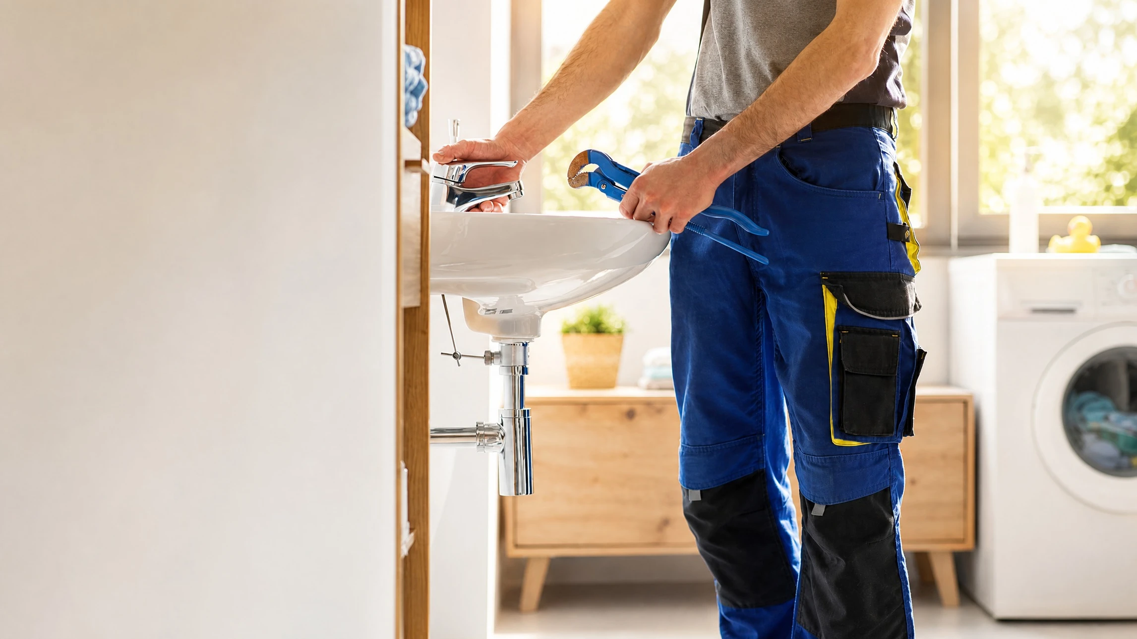 Photographie réelle d'un plombier-chauffagiste qualifié RGE en uniforme professionnel, travaillant sur l'installation d'une pompe à chaleur ou d'une tuyauterie de chauffage dans un logement résidentiel, capturant le professionnalisme, la compétence technique et la proximité humaine de l'entreprise. La scène doit montrer le plombier concentré sur son travail, avec des outils et des équipements réels visibles, dans un environnement authentique de domicile ou d'installation.