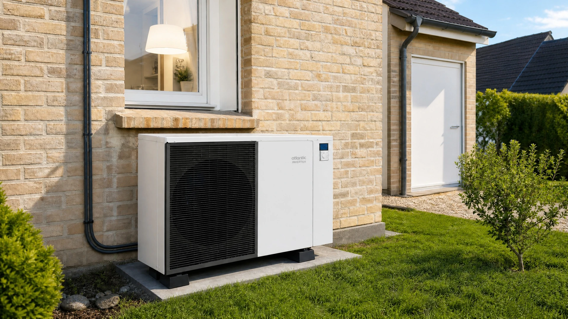 Extérieur résidentiel moderne avec pompe à chaleur air-eau installée sur socle béton contre façade blanche
