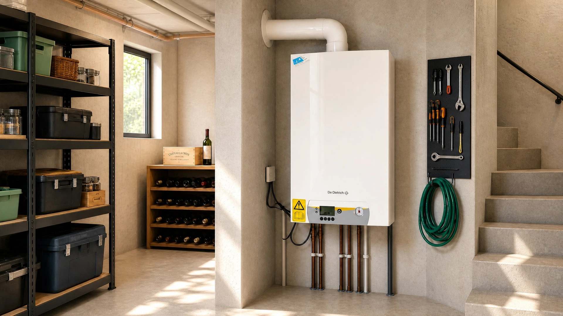 Sous-sol moderne avec installation de chauffage domestique comprenant chaudière rouge avec panneau de contrôle numérique, ballon d'eau chaude cylindrique blanc vertical, réseau de tuyauterie grise apparente et conduits d'évacuation