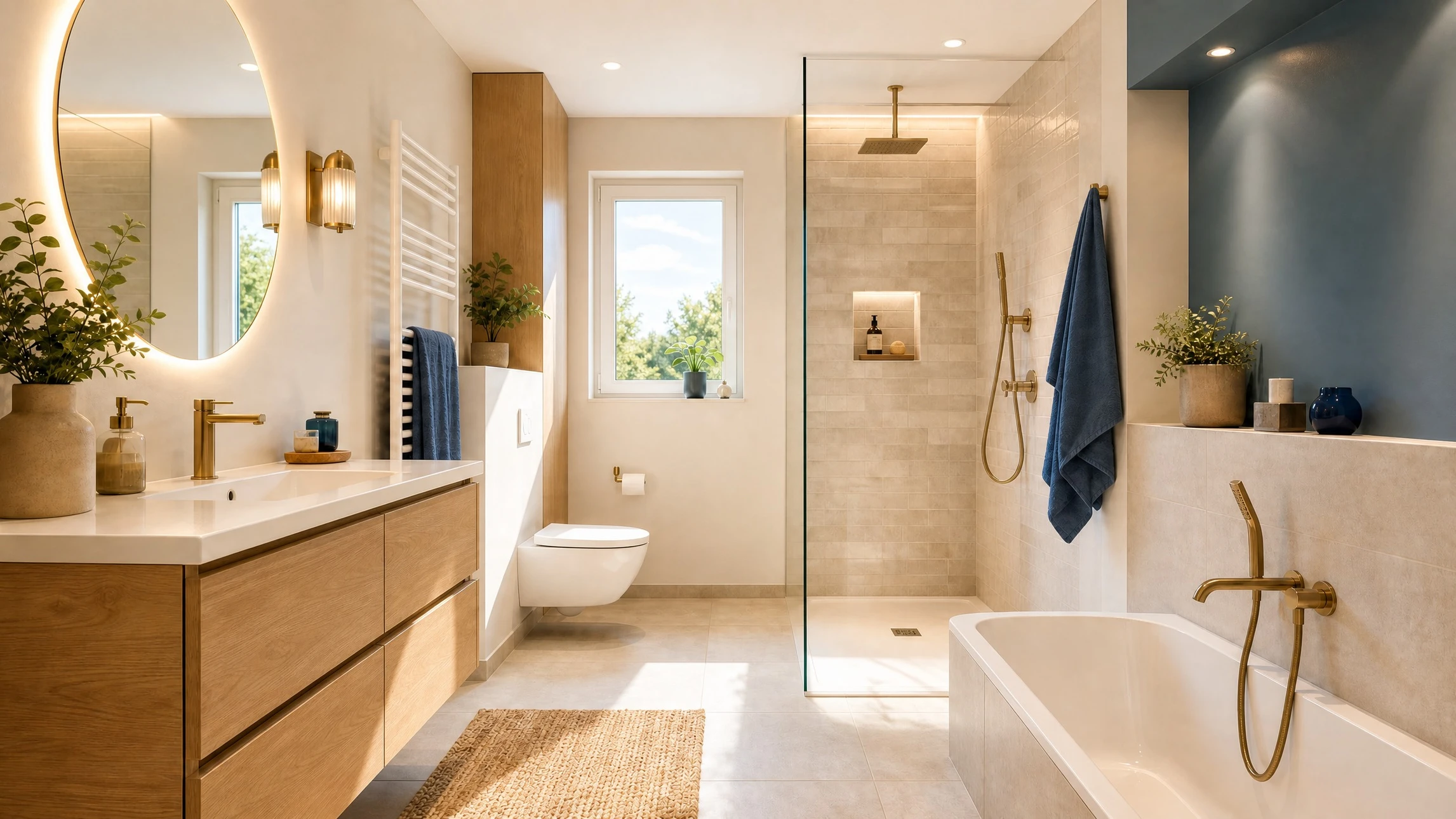 Salle de bain moderne rénovée avec baignoire-douche blanche, robinetterie chromée et carrelage métro blanc