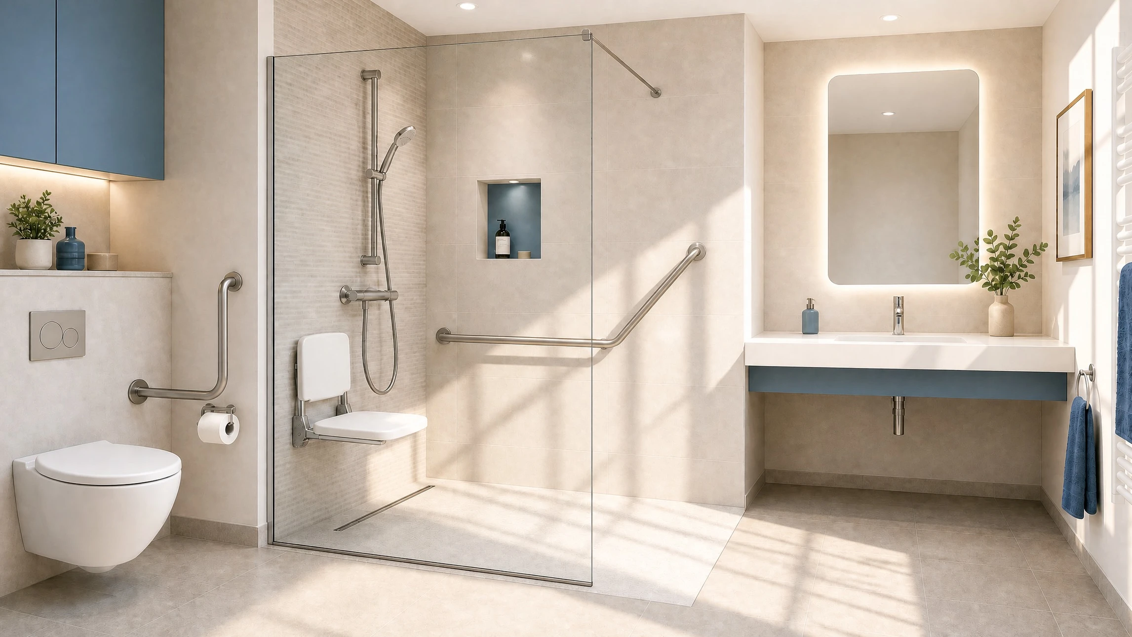 Salle de bain moderne avec douche à l'italienne, WC suspendu et lavabo intégré