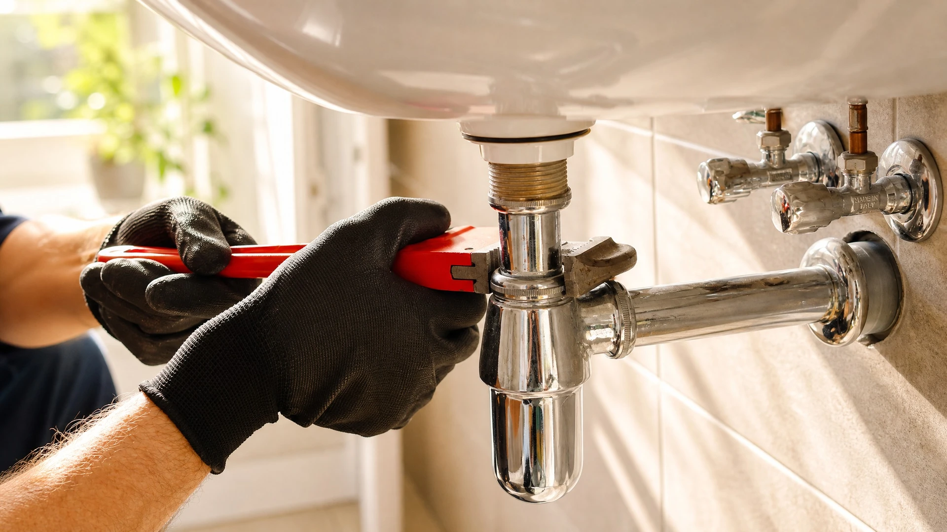 Technicien en plomberie travaillant dans une chaufferie résidentielle, ajustant une canalisation avec une clé à molette rouge