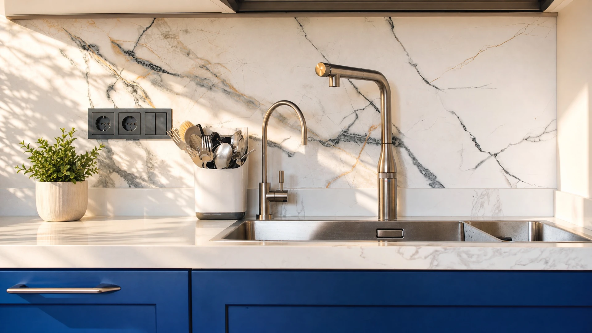 Salle de bain moderne avec robinetterie design chromée sur vasque blanche, mur en marbre veiné gris en arrière-plan